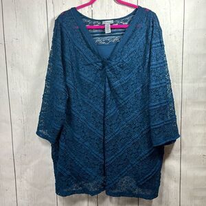 Catherines Top Womens 4X Blue Lace Overlay 3/4 Casual Flowy Blouse V Neck
